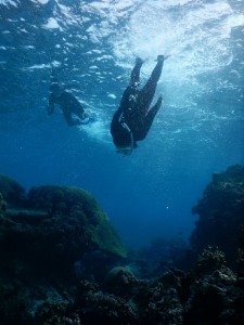 深い青に向かいシュノーケルで潜る