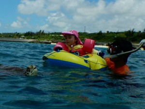 箱メガネで海亀を見る