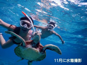 宮古島のウミガメと同じポーズで