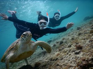 二人同じポーズで宮古島ウミガメ